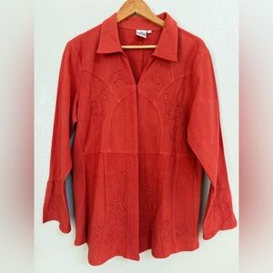 Parsley & Sage Vibrant red orange embroidered button down shirt